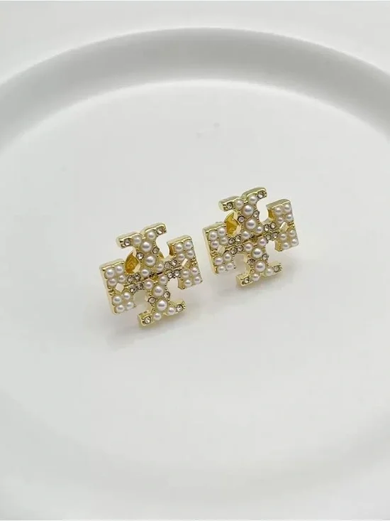 Tory Burch Gold Logo Stud Earrings with Pearls - Picture 2 of 4